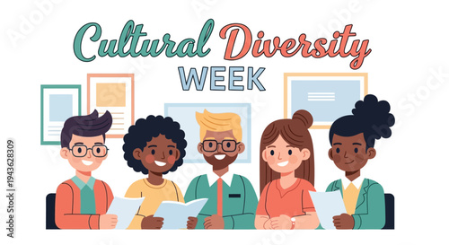 Illustration of diverse people celebrating cultural diversity week with a multicultural community concept and unity in diversity theme against a colorful background with illustrations.