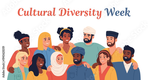 Illustration of a diverse group of people celebrating Cultural Diversity Week with a colorful and vibrant design