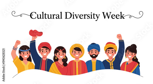Illustration of diverse people celebrating Cultural Diversity Week with raised hands in a vibrant, multicultural community concept with global cultural diversity theme.