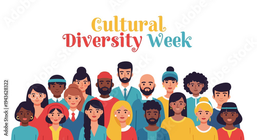 Illustration of diverse people celebrating Cultural Diversity Week with a vibrant and inclusive design on a white background.
