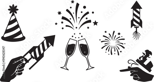 New Year's Eve Celebration Icons and Party Symbols Black