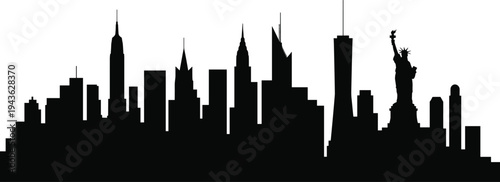 New York City skyline silhouette with Statue of Liberty, Empire State Building and modern skyscrapers isolated on white background urban cityscape illustration