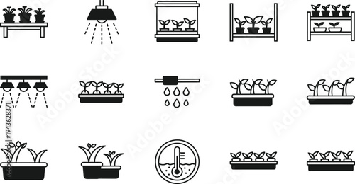 Black vector silhouette icons of indoor seedling trays, greenhouse grow lights, nursery shelves, irrigation systems, and temperature thermometers for professional plant cultivation and horticulture.