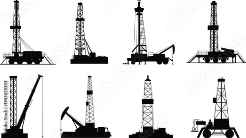 PrintSet of oil drilling rig and pumpjack silhouettes including industrial machinery for petroleum energy and gas mining industry