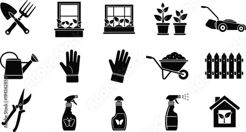 Black vector silhouette icons set of gardening tools, lawn mower, wheelbarrow, watering can, protective gloves, fence, and spray bottles for professional landscaping and backyard maintenance.