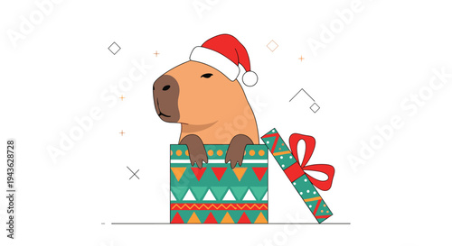 Adorable capybara wearing a red Santa hat pops out of a festive green Christmas gift box to celebrate the holiday season.
