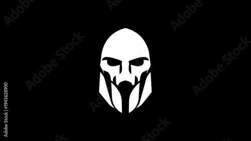 Striking White Spartan Helmet Silhouette on Black Background.