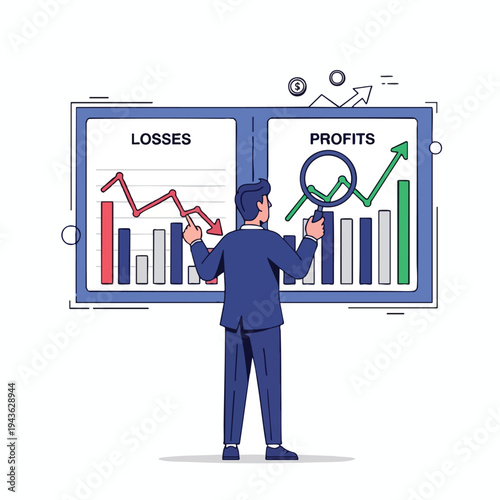 Person analyzes stock market graphs, comparing losses and profits