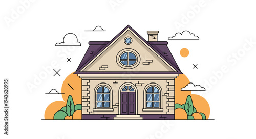 Charming two-story house illustration with a purple roof and manicured trees is set against a warm sunset-toned background.