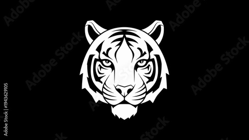 Striking White Tiger Face Illustration on Black Background.