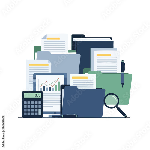 Folders, documents, calculator, pen, and magnifying glass on white