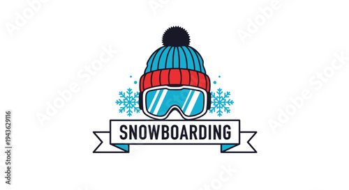 Snowboarding themed graphic featuring a winter hat and goggles with snowflakes on a decorative banner for winter sports.