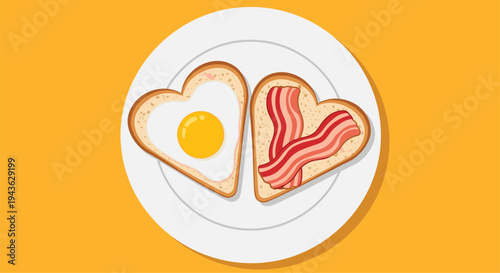 Delicious breakfast plate features two slices of heart-shaped toast with one containing a fried egg and the other bacon.