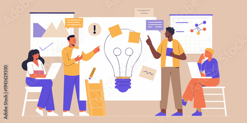 Team brainstorming ideas with a lightbulb illustration on a whiteboard