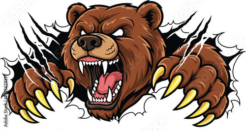 Fierce grizzly bear mascot vector illustration ripping through white background with sharp yellow claws and roaring mouth for aggressive sports team or gaming logo.