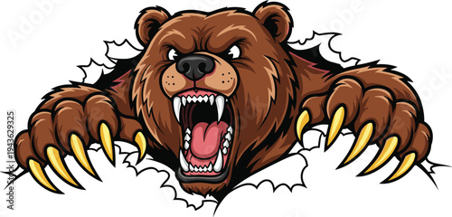 Angry grizzly bear mascot vector illustration ripping through white background with sharp yellow claws and mouth open showing teeth for sports team or gaming logo.