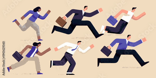 Diverse group of professionals energetically running likely commuting to work