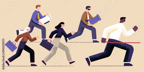 Business professionals race toward a finish line carrying briefcases