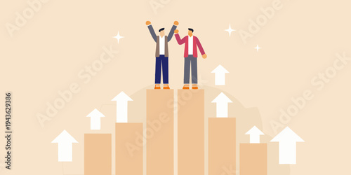 Two men celebrating success atop rising graph bars with sparkling stars