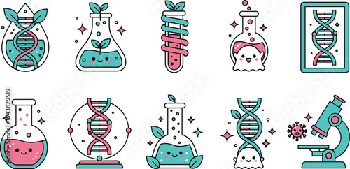 Set of cute kawaii science icons featuring laboratory flasks dna helix microscope and test tubes with smiling faces for biotechnology education and medical research