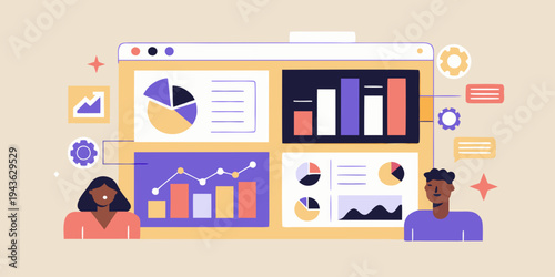 Data analysis dashboard interface with diverse team members illustrated