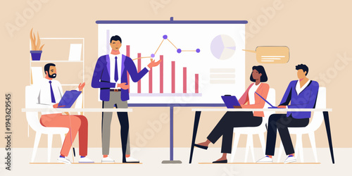 Business team collaborating during a presentation with data analysis charts