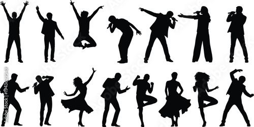 Large set of black silhouettes featuring people dancing jumping singing with microphones and celebrating at a party isolated on white background for entertainment design