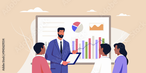 Business presentation with data analysis and a diverse team collaboration