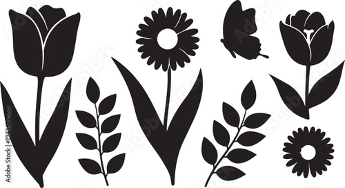 Black silhouettes of flowers and leaves on white background
