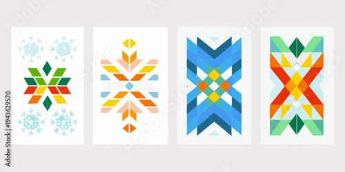 Four vertical panels display colorful geometric patterns and abstract designs