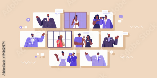 Diverse group of people connecting through video calls on digital devices