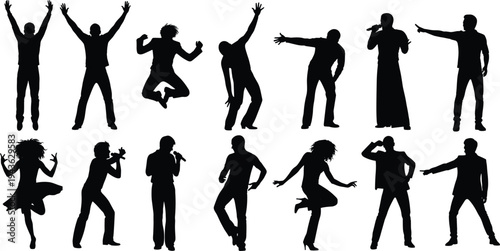 Large set of black silhouettes featuring people dancing jumping singing with microphones and celebrating at a party isolated on white background for entertainment design