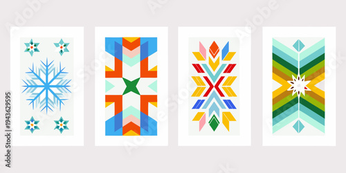 Four colorful geometric patterns resembling stylized quilt blocks or tiles