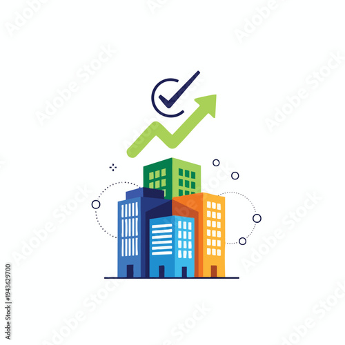Colorful buildings with a rising graph and checkmark indicating success