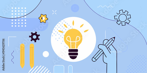 Creative ideas and innovation concept with lightbulb and writing tools