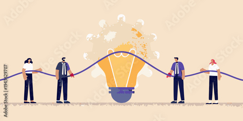 Teamwork powers innovation people collaboratively pulling a lightbulb shape