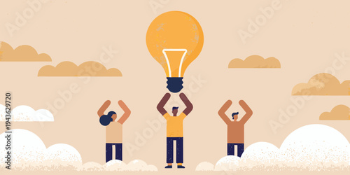 Teamwork and innovation people supporting a glowing lightbulb concept