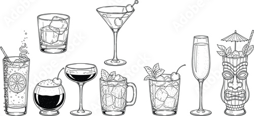 cocktails, drinks, beverage, glassware, bar, alcohol, martini, tiki, mojito, champagne, wine, outline, lineart, illustration, set, collection, refreshment, summer, barware, sketch--------