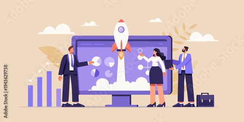 Team launching a rocket from a digital screen symbolizing business success