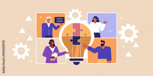 Diverse team collaborates to generate new ideas represented by a glowing bulb