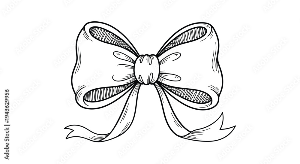 Fototapeta premium Detailed hand-drawn sketch of a decorative ribbon bow showcases fine line work and shading for a classic illustration look.