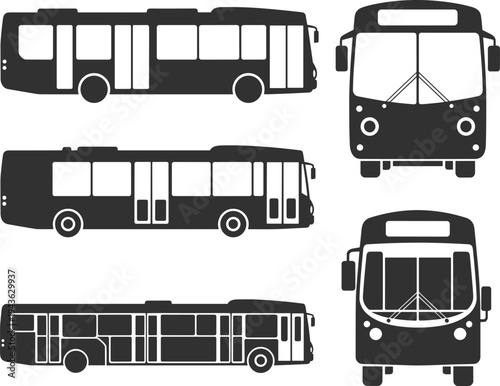 Collection of city bus silhouettes showing public transport buses in side and front view isolated on white background for urban transportation design projects