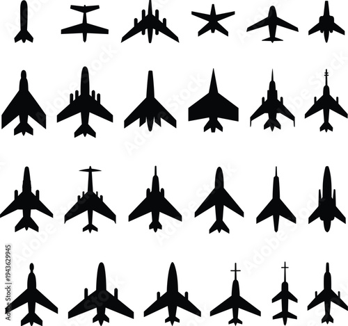 Collection of airplane and aircraft silhouettes icons set showing jet, passenger and military planes top view isolated for aviation transport airline travel design projects