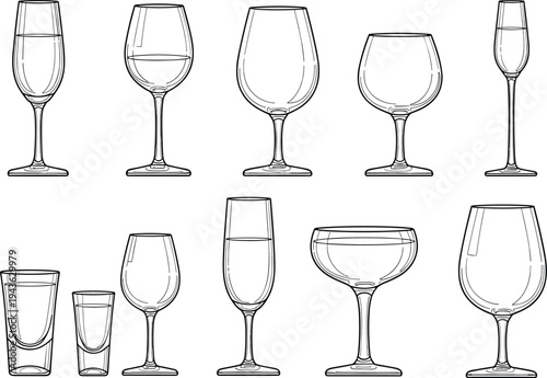 collection, outline, drinkware, glasses, wine, champagne, cocktail, goblet, barware, vector, set, isolated, transparent, beverage, illustration, glassware, stemware, bar, restaurant, menu