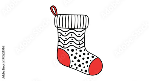 Patterned Christmas stocking with waves and dots in red and white is a playful and festive decoration for holiday mantels.