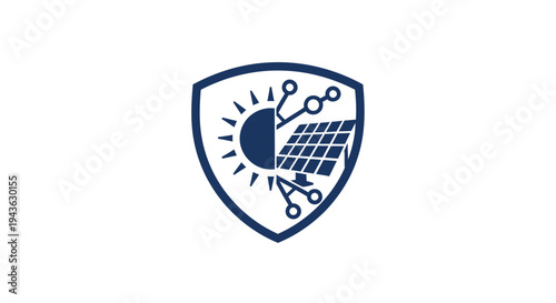 Solar energy technology and innovation symbol inside shield.