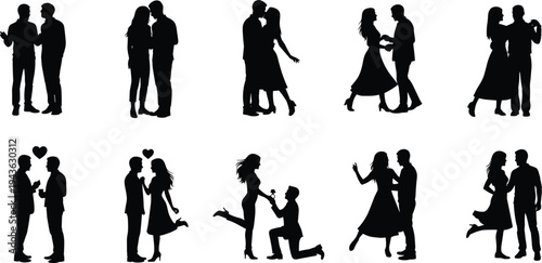 Romantic couple silhouettes collection showing love, proposal and dancing poses, happy relationship moments vector illustration isolated on white background