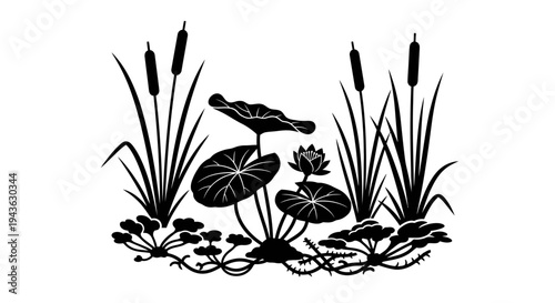 Black silhouette of a serene pond scene.