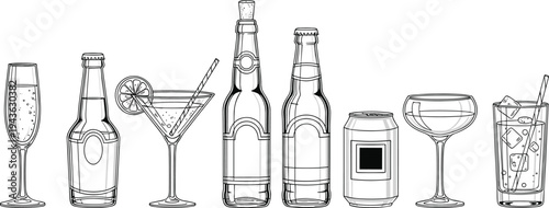 drinks, alcohol, beverage, glassware, bottles, cocktail, champagne, beer, soda, bar, drinkware, vector, illustration, set, refreshment, party, menu, isolated, collection, barware