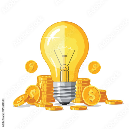 Glowing light bulb rests on stacks of gold coins, symbolizing wealth